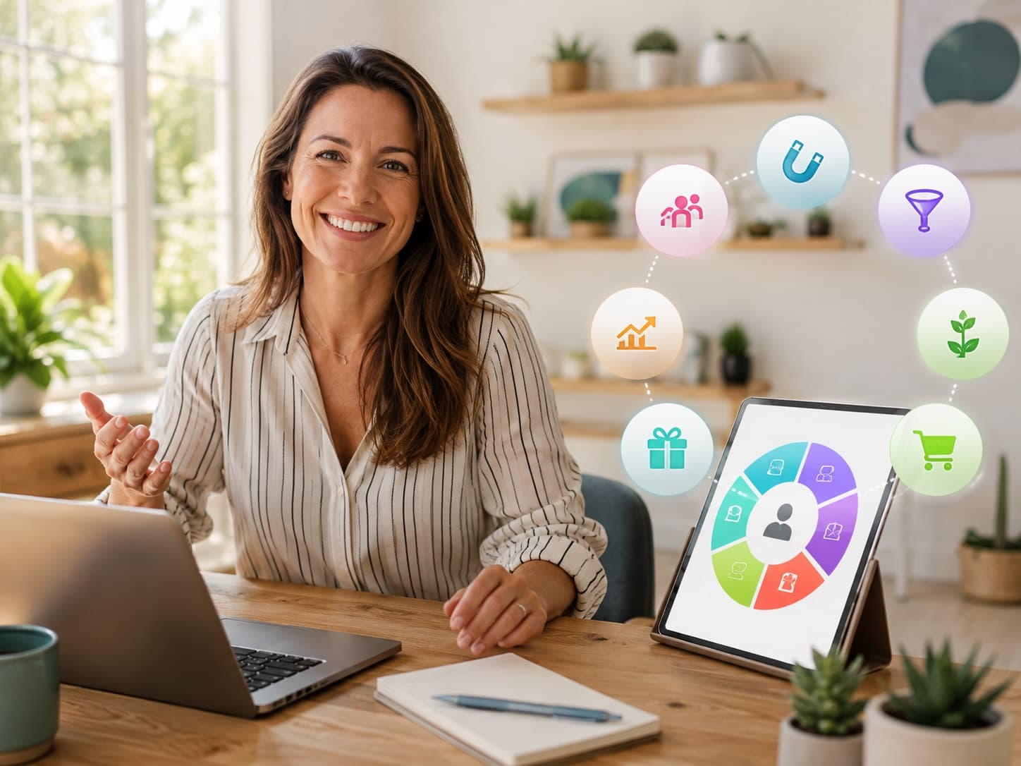 A small business owner at her desk, with the seven pillars of AI in a business mapped around her