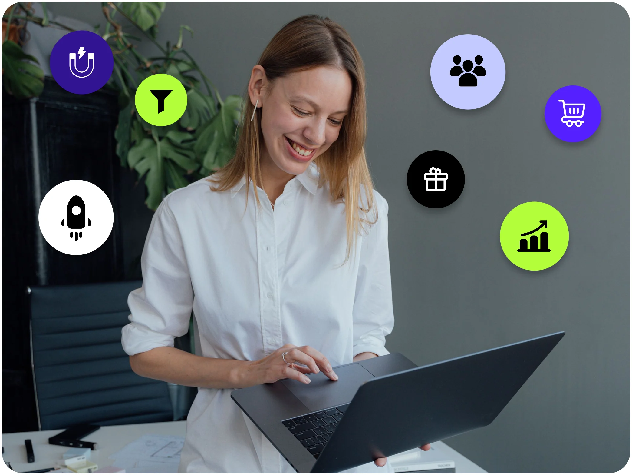 A small business owner working at her laptop, with the pillars of AI in a business — traffic, funnels, audience, sales, offers, growth — circling her